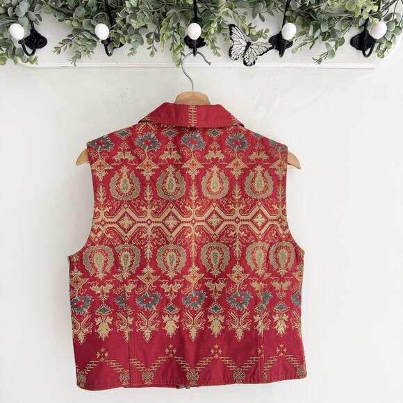 Vintage CAbi Red/gold Boho Print Tapestry Full Zip Vest Medium DD1979 - Picture 3 of 3